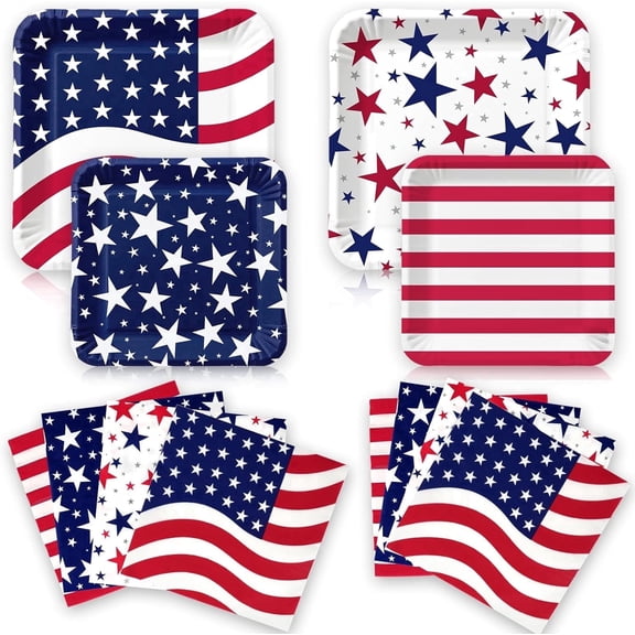 MSHJA 50Pcs Patriotic Party Decoration Plates Set, 4th of July American Flag Disposable Paper Plates and Napkins for Independence Day, Veterans Election Birthday Party Supplies
