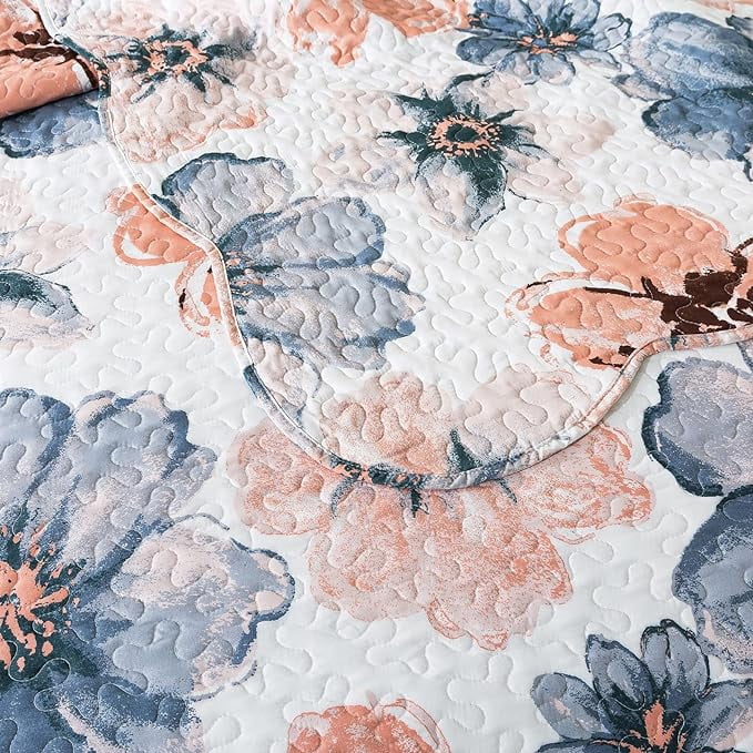 WannaToo Quilts Queen Size - 3 Piece Microfiber Quilt set Reversible Bedspreads Patchwork Coverlets Floral Bedding Set All Season, Blue and Pink