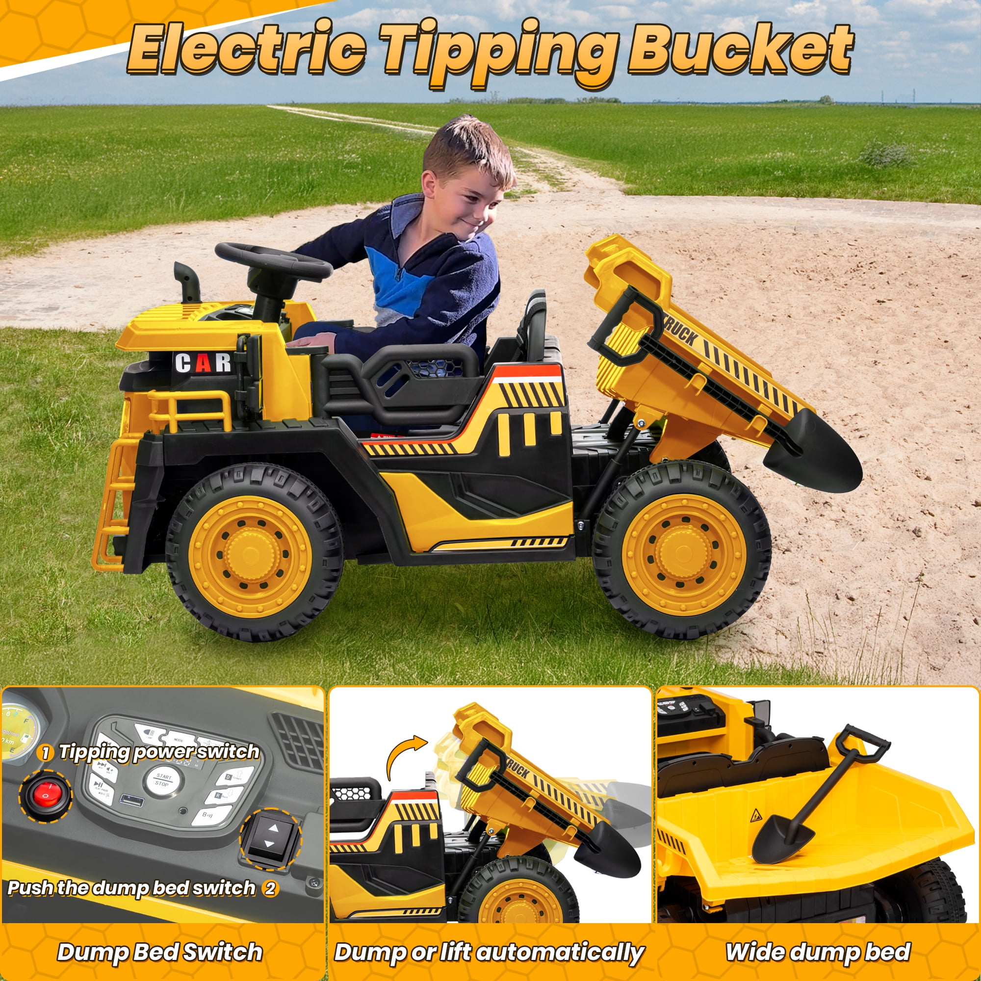 Funride 24V Ride on Toys 2 Seater Ride on Dump Truck w/ Remote Control w/ Dump Bed, 3 Speeds, Shovel, Bluetooth/Music, Big Kids, Yellow
