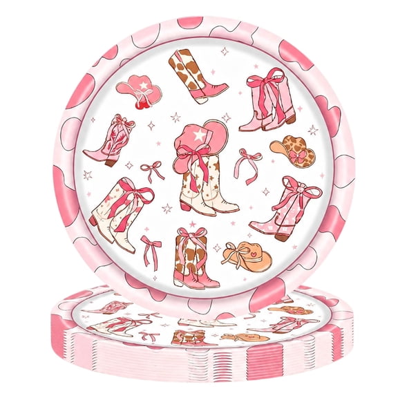 100Pcs Western Theme Paper Plates 9 Inch, Pink Bow Boot Disposable Party Tableware, Heavy Duty Food Grade Dinner Plates for Cowgirl Events Gatherings Easter Celebration Gift