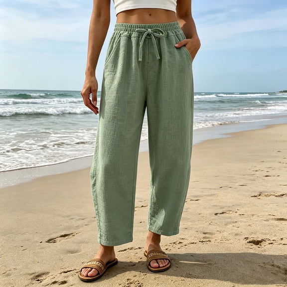 Women's Soft Cotton Casual Cropped Joggers, Elastic Waist Drawstring Tapered Pants with Side Pockets, Lightweight Summer Lounge Pants for Travel, Running Errands, Relaxing at