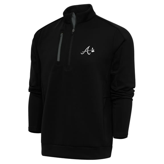 Men's Antigua Black Atlanta Braves Metallic Generation Quarter-Zip Pullover Top