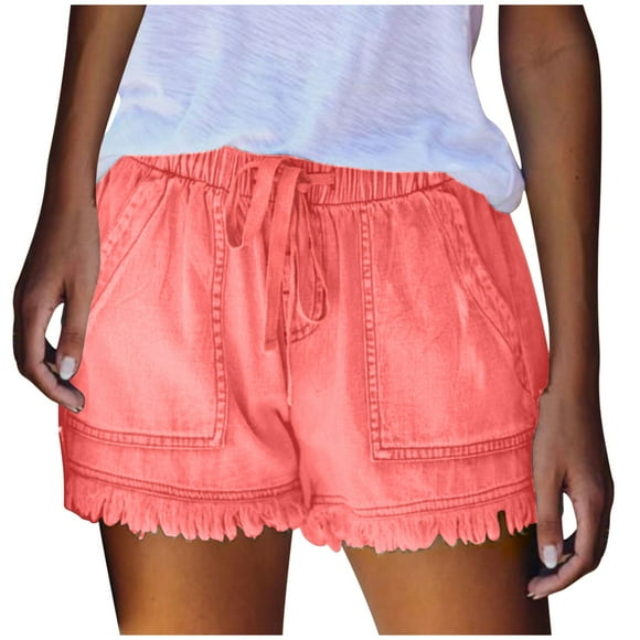 LLYWEY Womens Jeans Shorts, Ladies Ribbed Distressed Denim Shorts, Drawstring Elastic Waist Women Cut Off Jeans with Pockets, Style ST-22, Pinks, XL