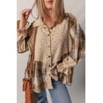 thumbnail image 5 of Women's Oatmeal Boho Floral Plaid Shacket – Waffle Knit Patchwork with Ruffled Sleeves for Daily Casual Wear | L, 5 of 5