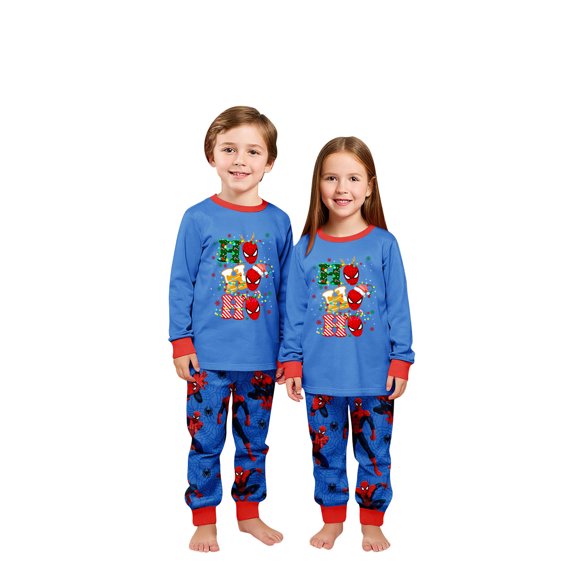 Family Matching Pajamas Set Blue Spider Superhero Graphic Printed Sleepwear Long Sleeve Top Pants for Holiday Party Night