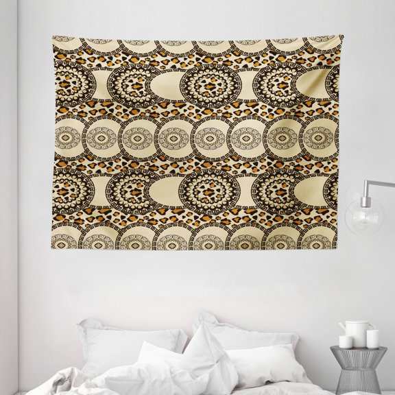 Zambia Tapestry, Folk African Safari with Nature and Animal Effects Jungle Boho Design, Wall Hanging for Bedroom Living Room Dorm Decor, 80W X 60L Inches, Dark Brown Cream Orange, by Ambesonne