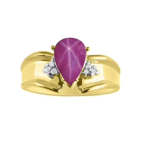 - Pear Shape Star Ruby & Diamond Ring Set In Yellow Gold Plated Silver - Color Stone Birthstone & Diamond Ring DSL-LR6821RSY