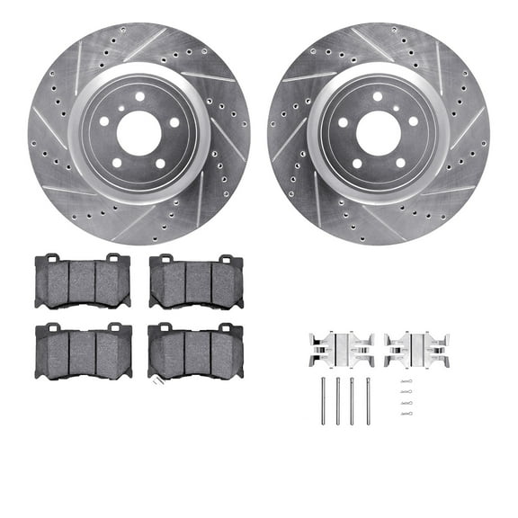 Dynamic Friction Company Front Brake Rotors-Drilled and Slotted-Silver with 5000 Advanced Brake Pads includes Hardware 7512-68015