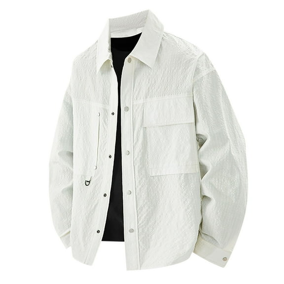 Kmdttou Men's Fashion Thin Solid Color Long Sleeve Collar Button Pocket Large Coat Packable Outdoor Hooded Windbreaker Insulated Mountain jackets Khaki 4XL