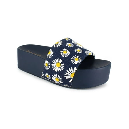 

KENSIE Womens Blue Floral Comfort Pool Round Toe Platform Slip On Slide Sandals 7 M