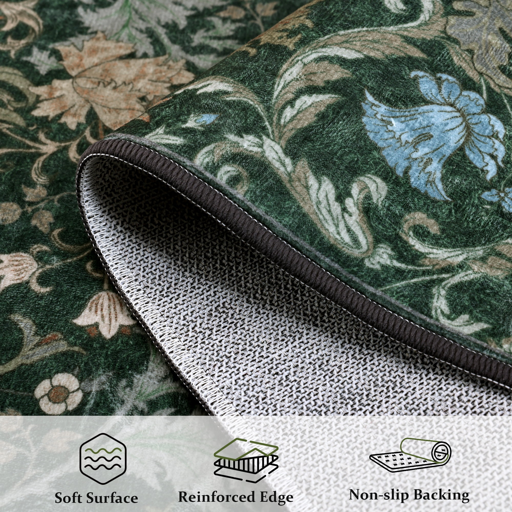 ATHOPE Floral 6x9 Area Rug, Machine Washable Rugs Soft Non Slip Low Pile Rugs for Living Room Bedroom Nursery Kitchen Dining Room Indoor, Large Floral Print Pattern Carpet, Forest Green
