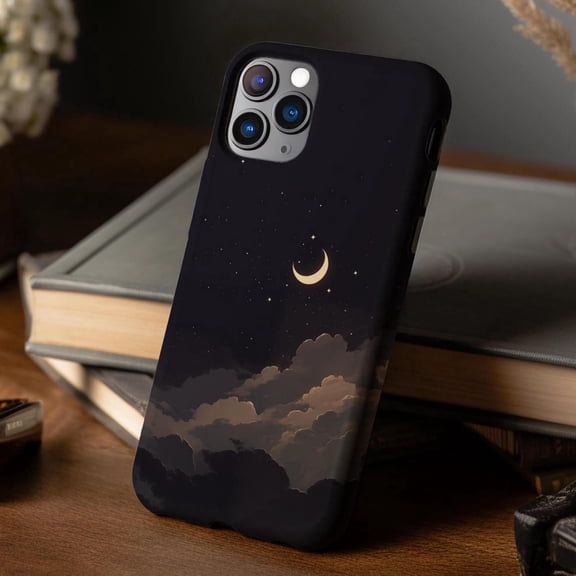 Stars And Moon Phone Case Fits iPhone Samsung Pixel Durable Hard Cover Black Sky Clouds Celestial Gift