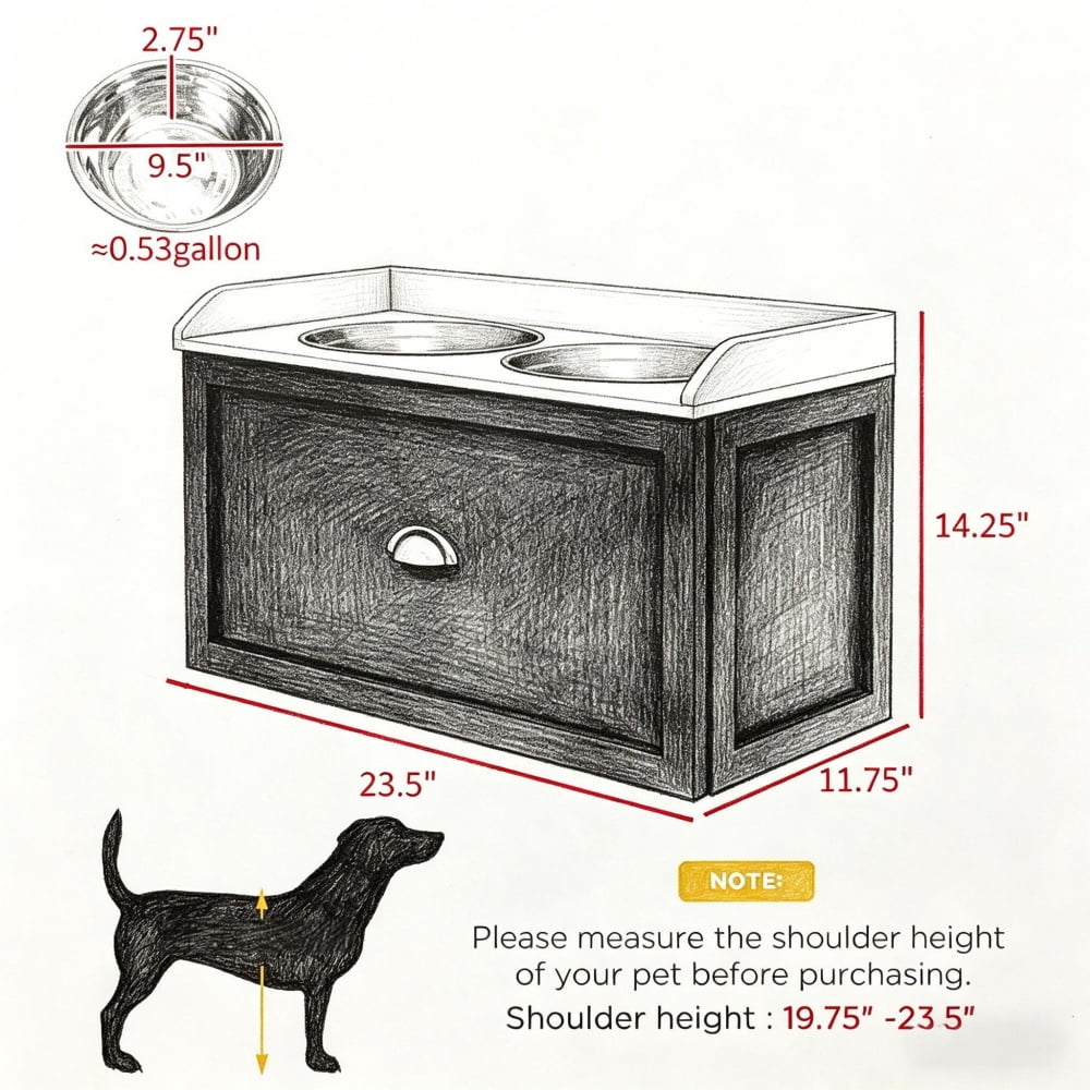 Elevated Dog Bowls Stand with Storage Drawer, Raised Pet Feeder with Removable Stainless Steel Bowls, Metal Sliding Rail Design for Large Dogs