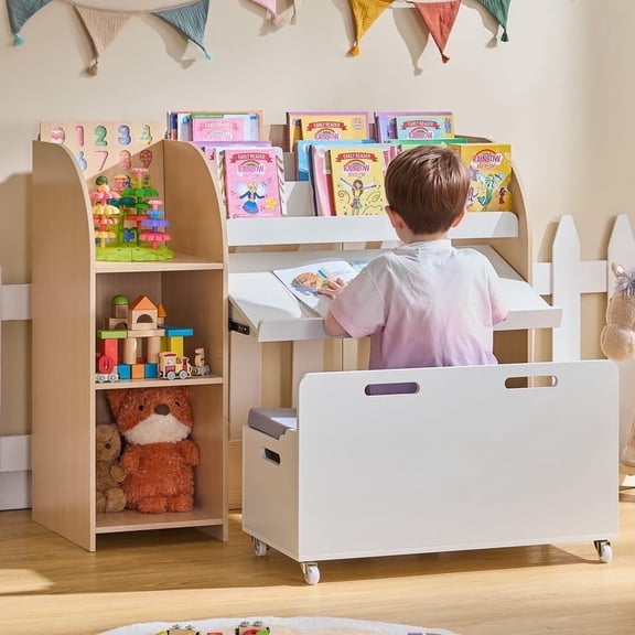 ROGALIS Kids Bookshelf and Toy Storage Organizer w/ Bench & Telescopic Book Holder, Reading Nook for Playroom, Bedroom