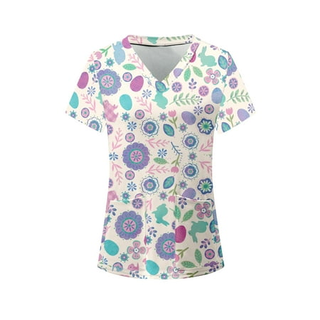 

Lumento Women Cartoon Scrubs Tops Summer Short Sleeve V Neck Working Uniform Shirt