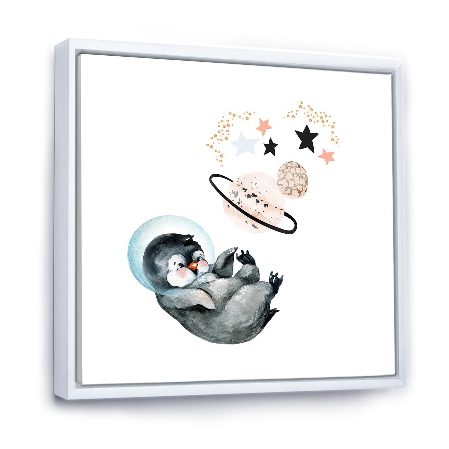 Designart Petit Pingouin avec des étoiles et des planètes I ART MURAL À CADRE FLOTTÉ