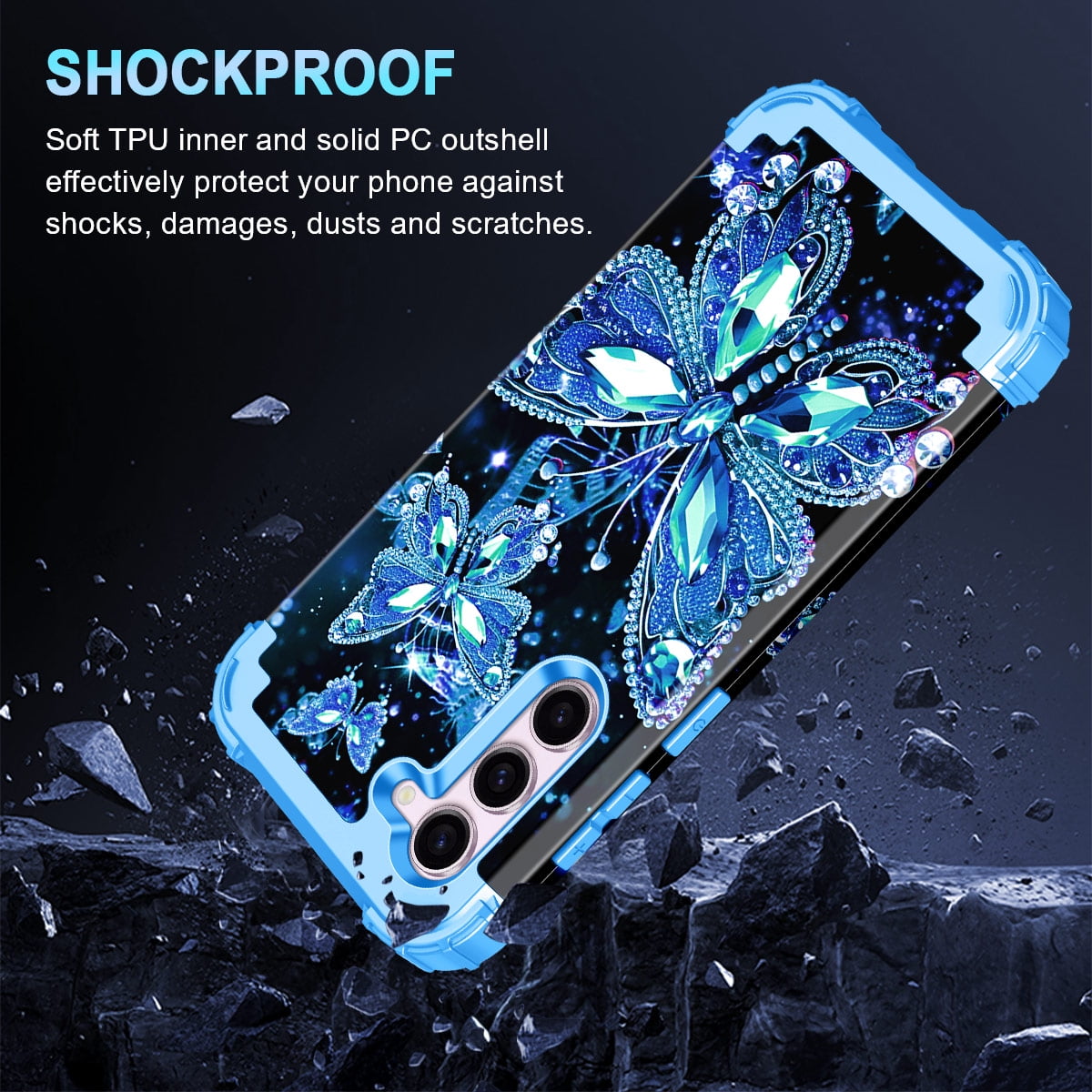 Casetego for Samsung Galaxy S23 5G Case,Glow in The Dark Three Layer Heavy Duty Shockproof Full Body Protection Hard Plastic Bumper+Soft Silicone Protective 6.1 inch Case,Blue Crystal