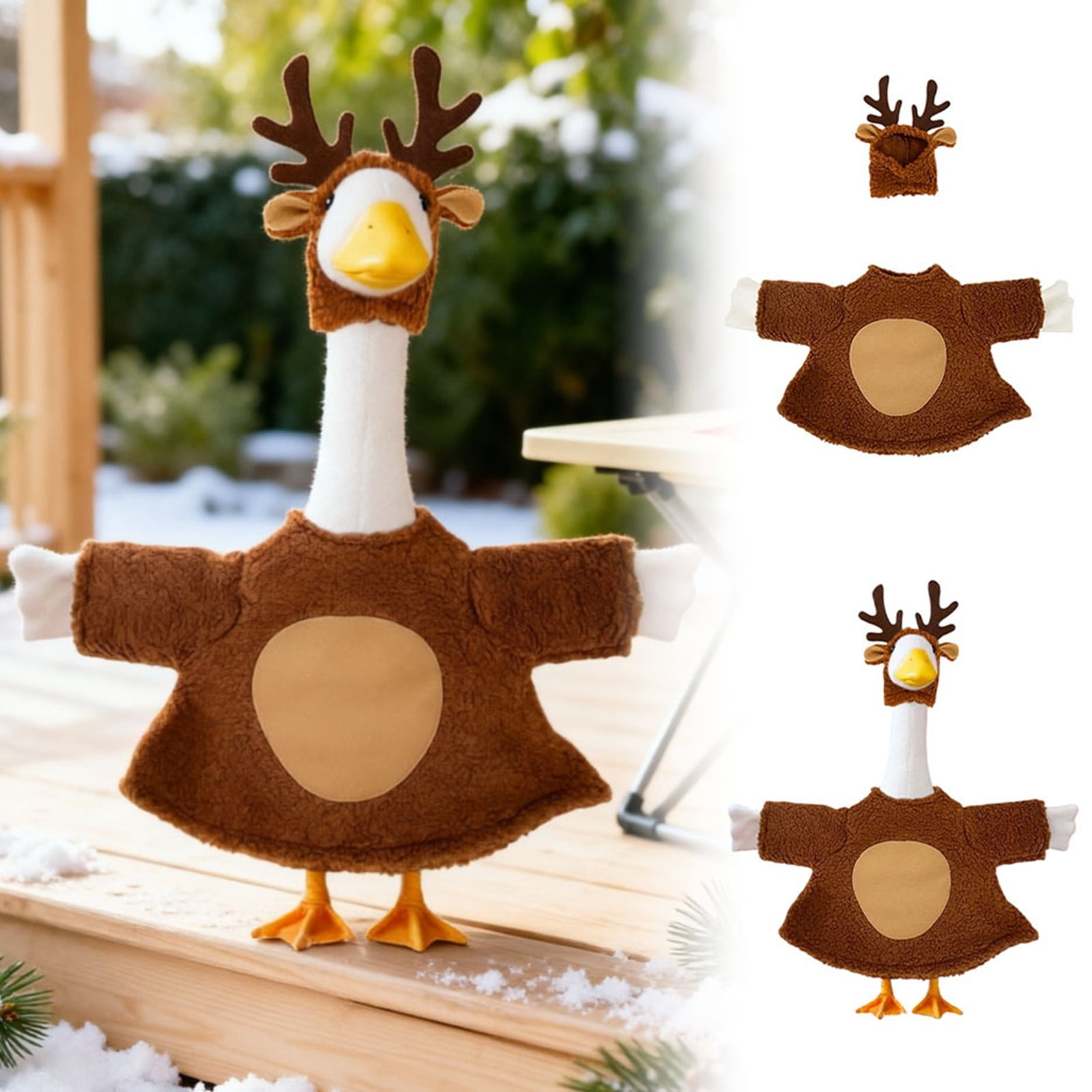 VMWMSSR Porch Goose Outfit Soft Sherpa Lawn Goose Statue With Antler Hat Holiday Goose Decor Clothes For Large Porch Goose Front Yard Decor(Brown-43Cm)