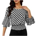 thumbnail image 3 of 3/4 Length Sleeve Womens Tops Work Blouses Dressy Casual Elastic Waist Babydoll Blouses with Smocked Cuffs, 3 of 9