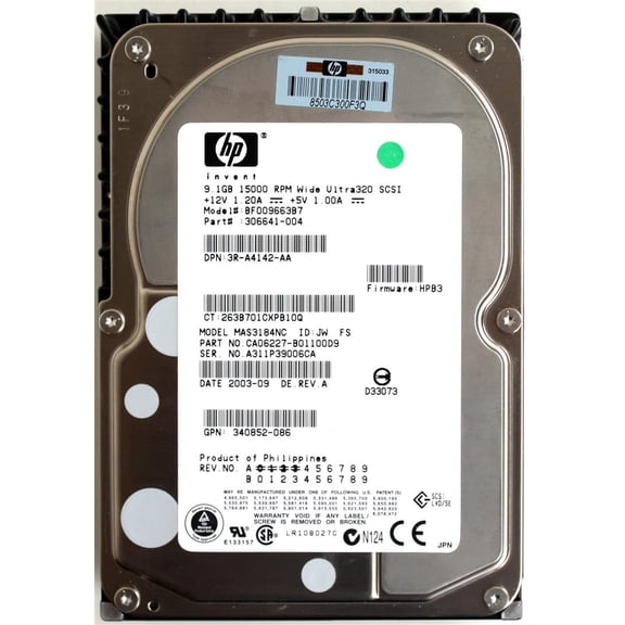 HDD, 9.1GB ULTRA3 15K SCSI, BF009663B7, 306641-004, MAS3184NC