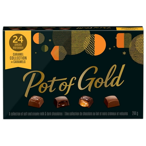 Pot of Gold Caramels Collection, HERSHEY'S POT OF GOLD assorted chocolates collection has been a loved tradition since 1928. This caramels collection box is perfect to gift or share this holiday season. Each box contains a variety of 24 delicious chocolates.