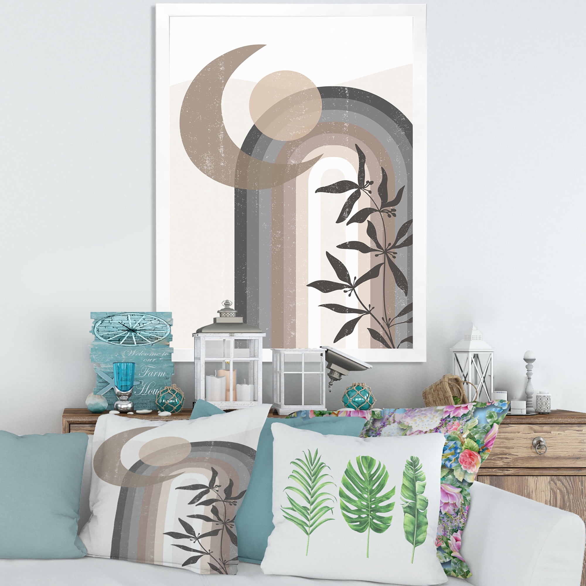 Designart 'Abstract Moon and Sun In Gray and Blue' Modern Framed Art Print