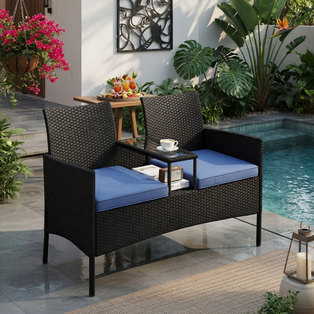 Hommoo Outdoor Loveseat with Built-in Tempered Glass Table, PE Rattan Patio Sofa for Backyard, Porch, Poolside, Navy