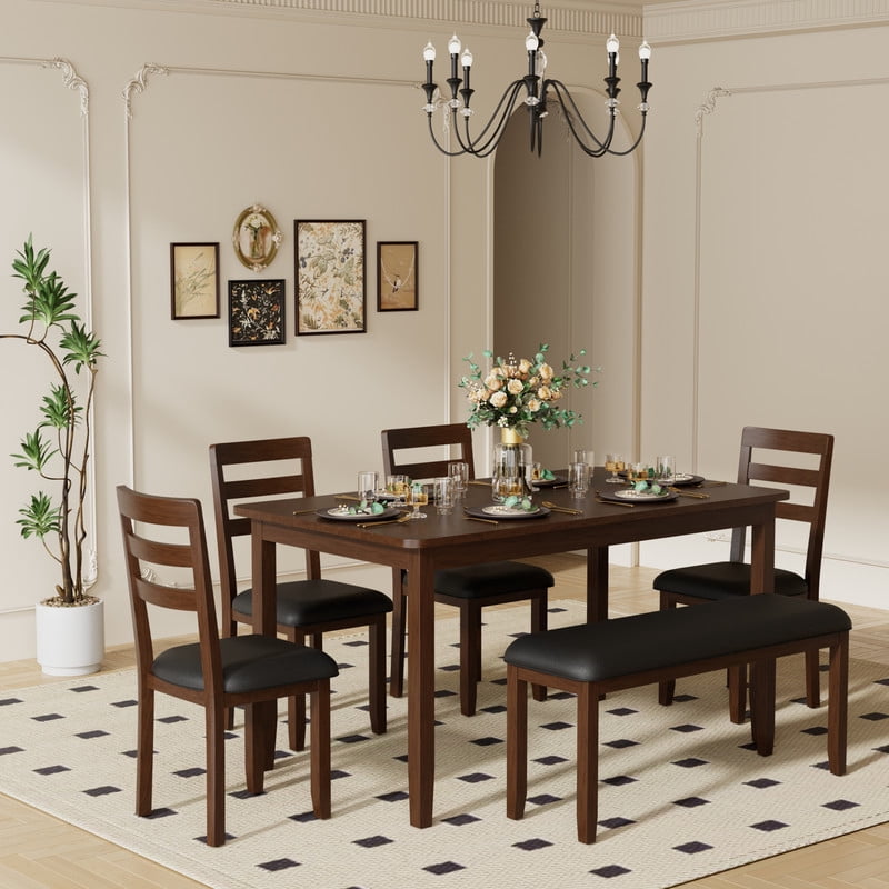 Lacoo Modern Simple Solid Wood Dining Table Set 6-Piece, 1 Table 4 Chairs 1 Bench, Kitchen Dining Room Furniture Set, Multiple Colors Available