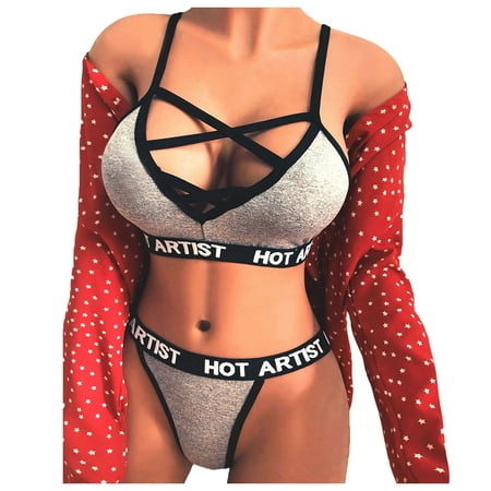 

Sexy Lingerie For Women Crotchless Bandage Hollow Letter Underwear Bodysuit Gray XL