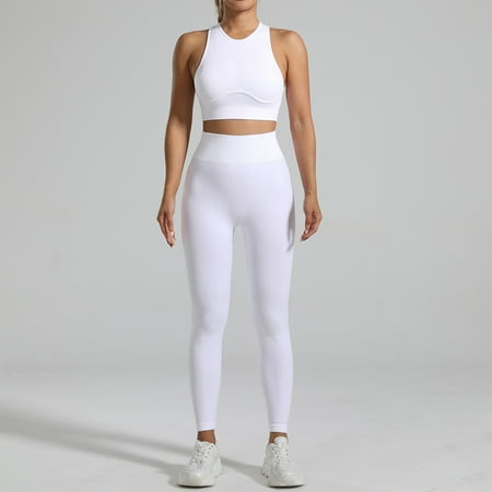 XDDLITP Womens Seamless Workout Sets Two Piece Padded Stretchy Ribbed Sports Bra Sets Matching High Waist Leggings Sets Gym Yoga Outfits White M