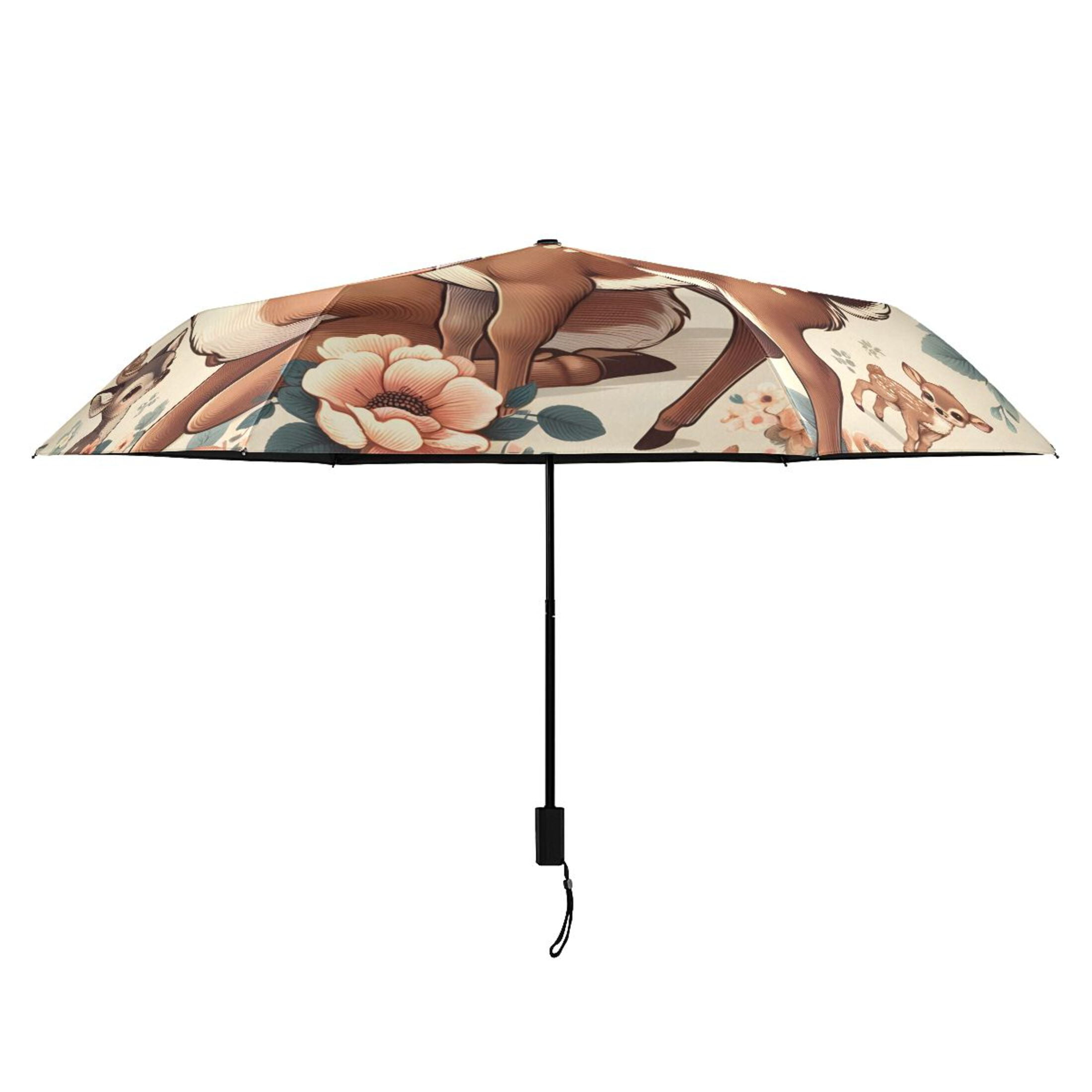 Retro Sika Deer and Flowers Compact Sun Umbrella Windproof Travel Umbrellas for Rain Strong Portable UV Protection