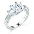 thumbnail image 2 of Wellingsale Ladies Solid 14k White Gold Polished CZ Cubic Zirconia Emerald Cut Pave Three 3 Stone Engagement Ring with Side Stones - Size 4, 2 of 6