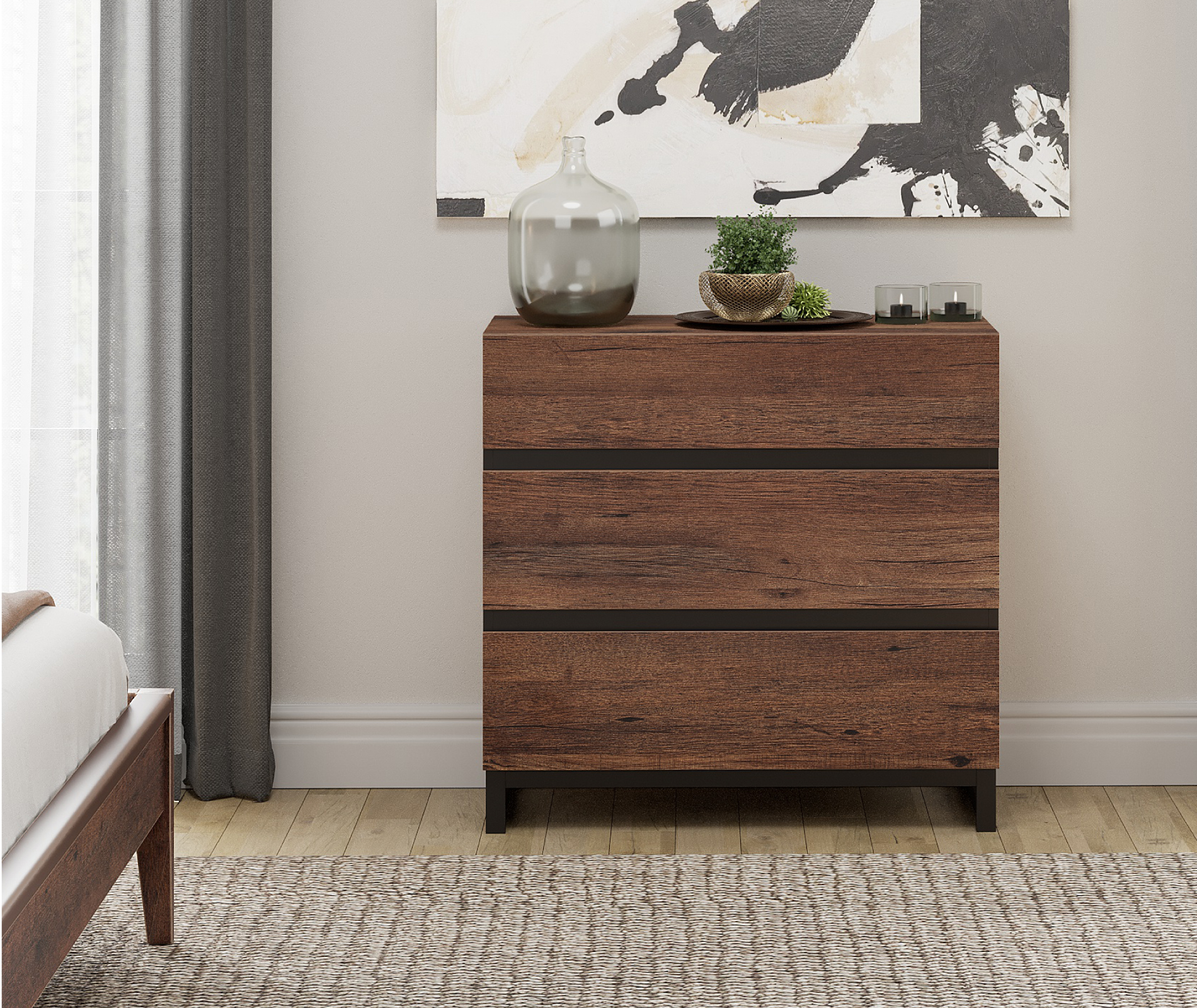 WAMPAT Dresser for Bedroom, Closet Organizers and Storage with 3 Drawers, Chest of Drawers with Metal Base, Modern Wood Dresser for Living Room, Hallway, Entryway, Brown