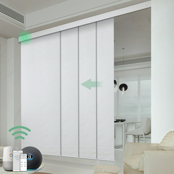 Yoolax Motorized Sliding Panel Track Blind Blackout Smart Vertical Blinds Electric Window Shade with WiFi Hardwire Power Motor for Patio Glass Door(Blackout Jacquard White,78"W x 84"H)