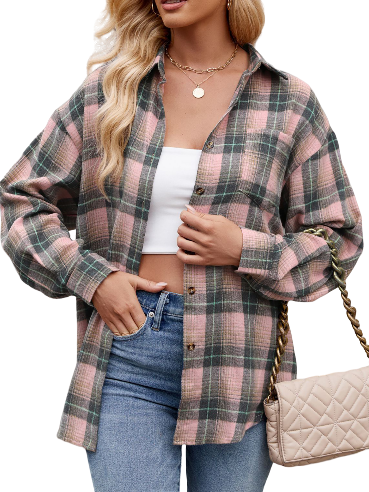 MOSHU Women's Plaid Flannel Shirt, Pink photo 1