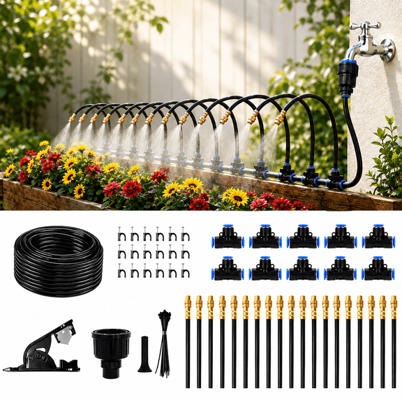 Yomfey 65FT Drip Irrigation Kit, 20M Adjustable Garden Watering System with 20 Nozzles, Automatic Garden Irrigation System