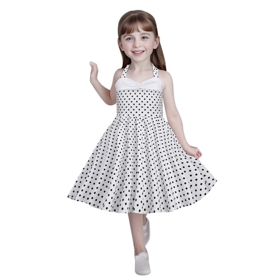 Rggeeun Toddler Kids Girls Strap Spliced Polka Dot Vintage Children Dress Princess Dress Cute Casual O-Neck Sundress