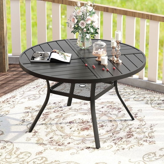 Vicllax Outdoor Patio Dining Table Dia.41" Slatted Tabletop Metal Frame with Umbrella Hole, Black
