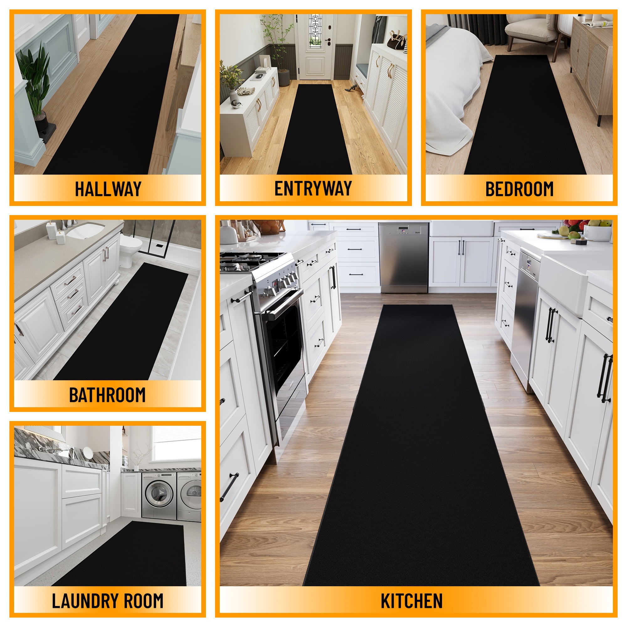Ottomanson Hallway Runner Rug Non-Slip Low Pile Stain Resistant, Solid Black, 2'7" x 14'