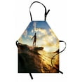 thumbnail image 1 of Ride The Wave Apron Sunset Surf in the Ocean Young Woman under Dramatic Sky Exotic Hobby Image, Unisex Kitchen Bib Apron with Adjustable Neck for Cooking Baking Gardening, Sepia Blue, by Ambesonne, 1 of 3