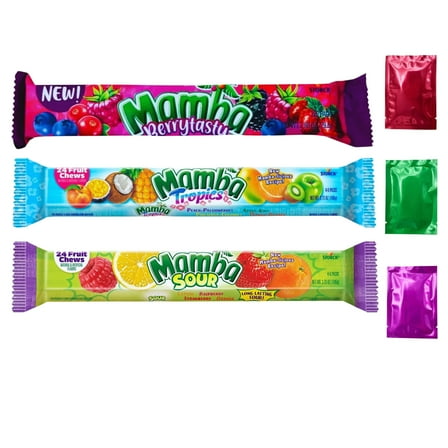 Mamba Berrytasty, Tropics, Sour Fruit Chews Candy Sticks, Party Favor Stocking Stuffers Gift Baskets Candy Bowl - Easter Valentine's Day Birthday Christma Pack of 3 w/Bonus Snoep in Beperkte Oplage