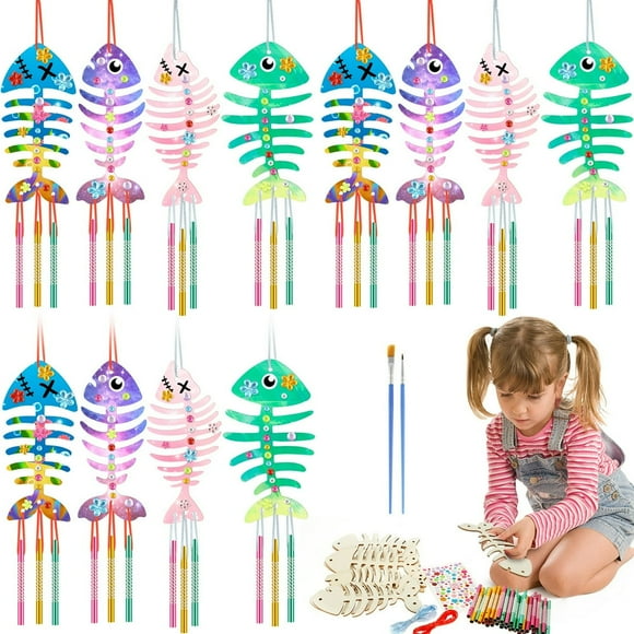 MesaSe 12 Pack Carillon Vent Kit pour les Enfants Poisson Carillon Vent Kit en Bois Arts et Métiers pour les Filles Garçons Bricolage Poisson Os Artisanat pour l'Activité d'Art Fête d'Anniversaire