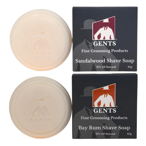 GENTS 97% All Natural Shave Soap - Creates a Rich Lather Foam for Ultimate Wet Shaving Experience (2 Pack Sandalwood + Bay Rum)