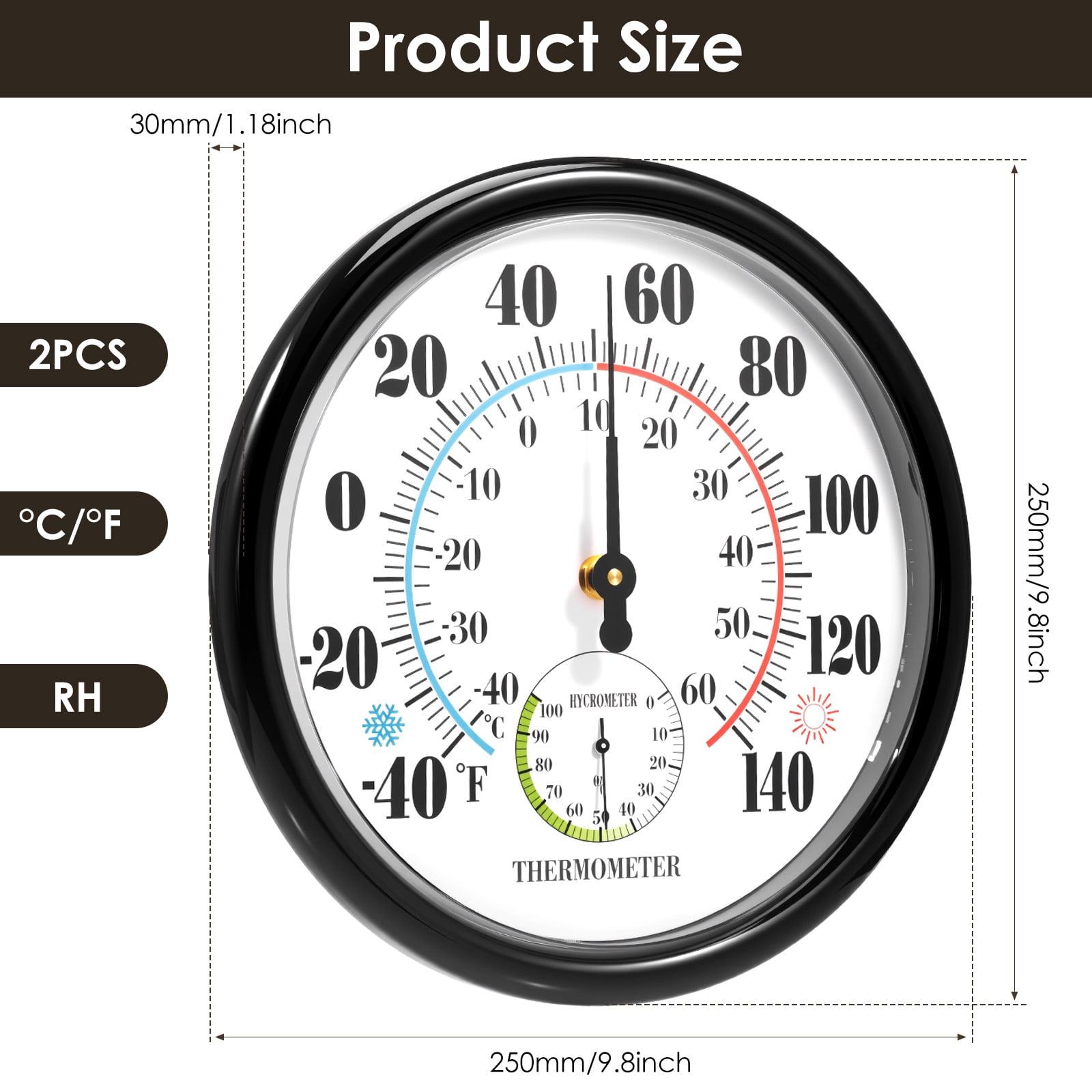 Tmwefusc 10 Inch Round Thermometer with Hygrometer, 2Pcs Large Indoor Wall Patio Bimetal Weather Thermometer, No Battery Required