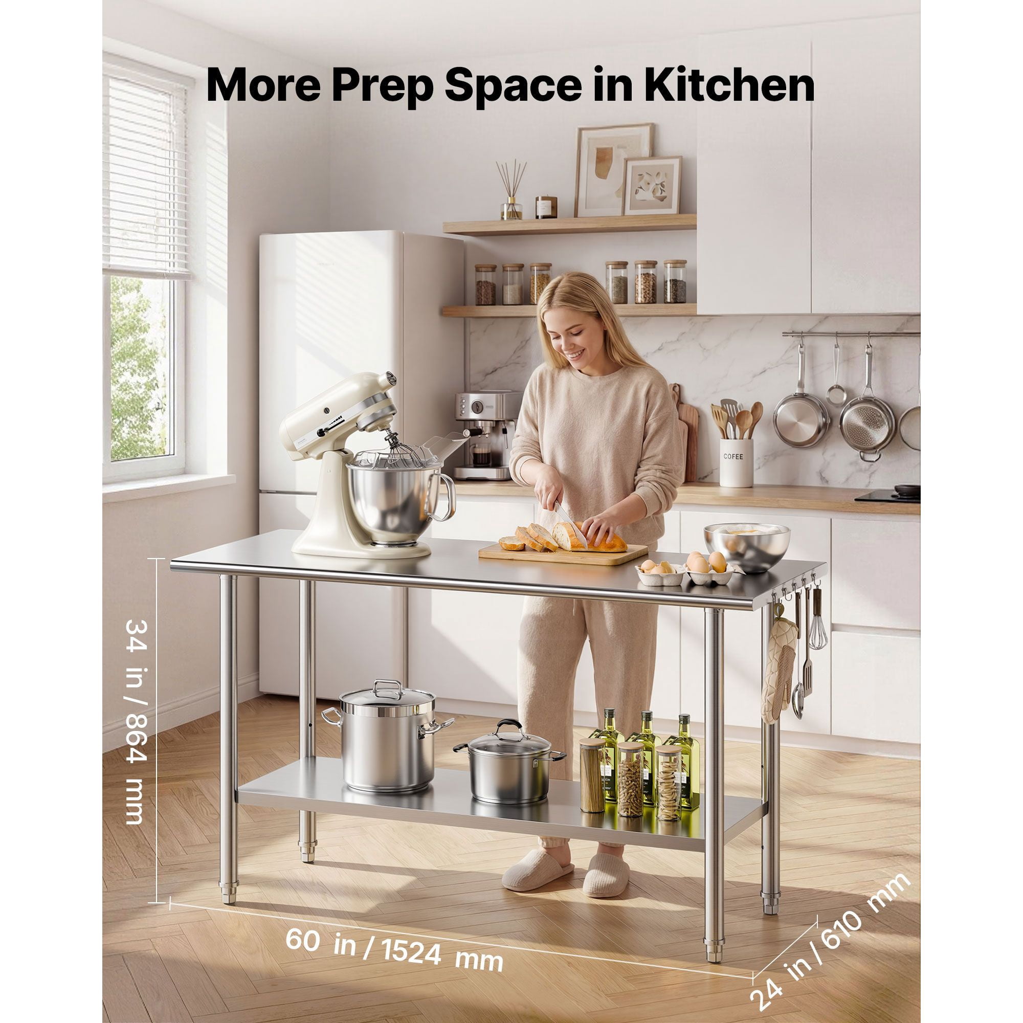 Stainless Steel Work Table, 24x60 Inch Food Prep Table, Commercial Kitchen Workstation with Adjustable Undershelf, Metal Heavy Duty Utility Worktable, for Restaurant Home Hotel Garage Outdoor