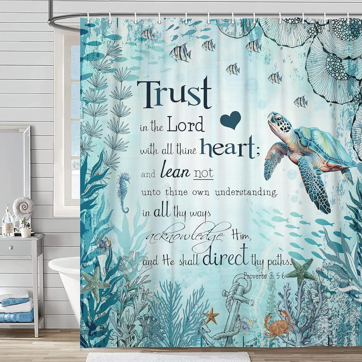 Veigike Sea Turtle Bible Verse Polyester Shower Curtain, 70" x 70"