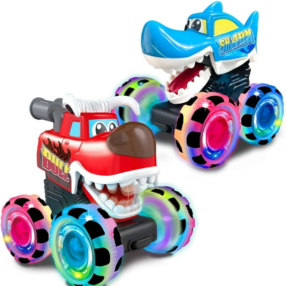 Stargo 2 Pack Monster Truck Toys [Shark & Bull] - Light Up Chomping Pull Back Trucks | Birthday Gifts For Toddlers, Boys Toys, Monster Truck Children’s Toys For Kids, Boys Ages 3, 4, 3-5 4-6 5-7 4-8