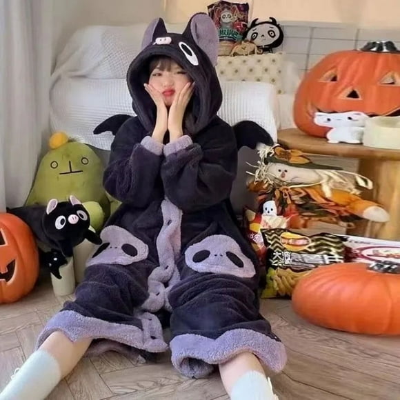 Cartoon Bat Plush Pajamas Robes Anime Flannel Nightgown Winter Long Sleeve Night Dress Halloween Party Vampire Cosplay Costume