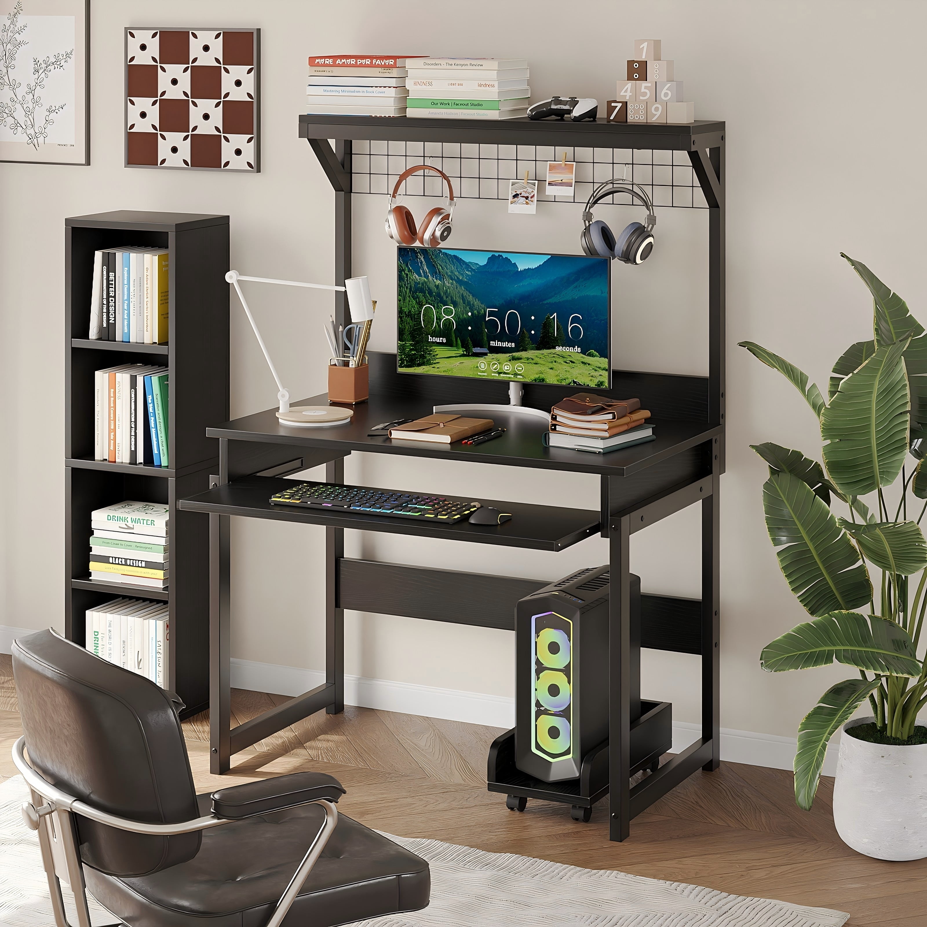 NEWSENDY Industrial Style Multi-tier Standing Computer Desk with Keyboard Tray & Storage Shelves, Sturdy Home Office Workstation for Adults
