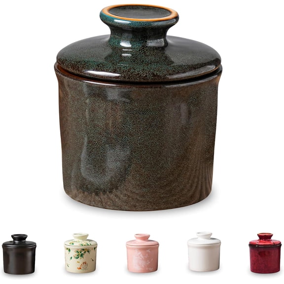 Porcelain Butter Keeper Crock - Ceramic Butter Dish with Water Line for Countertop, Keep Butter Fresh (Greenish Brown)